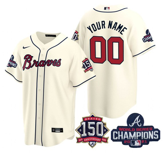 Youth Atlanta Braves Customized 2021 Cream World Series Champions With 150th Anniversary Cool Base Stitched Jersey